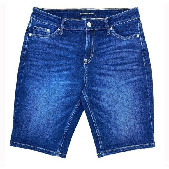 Calvin Klein Womens Bermuda Dark Wash Blue Stretch Denim City Short Size 8 EUC - Picture 1 of 11